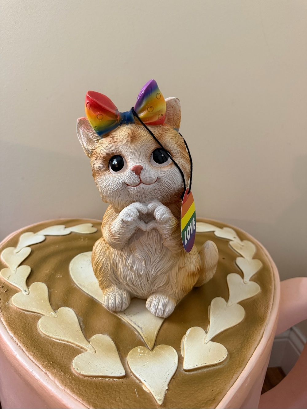 Resin Kitty Cat with Rainbow Pride Bow Making Heart Hands